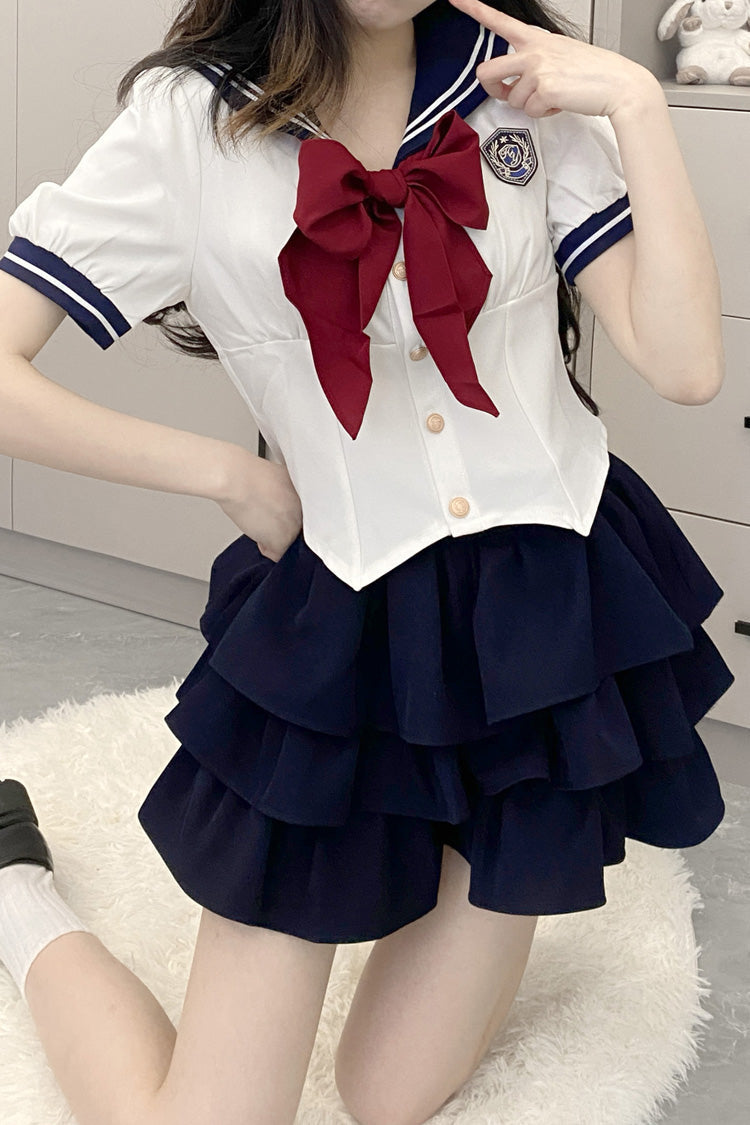 Sweet College Style Skirt Set with Ruffle Bowknot