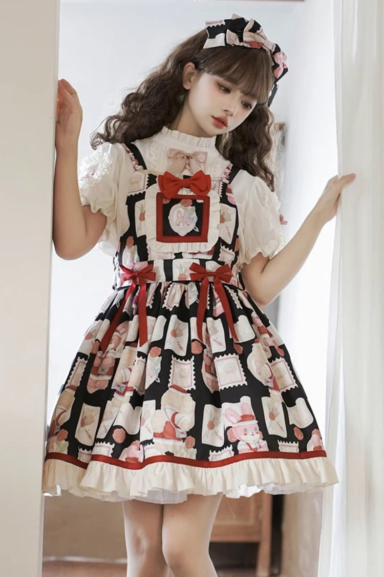 Rabbit Letter Print Ruffle Bow Sweet Princess Lolita Strap Dress