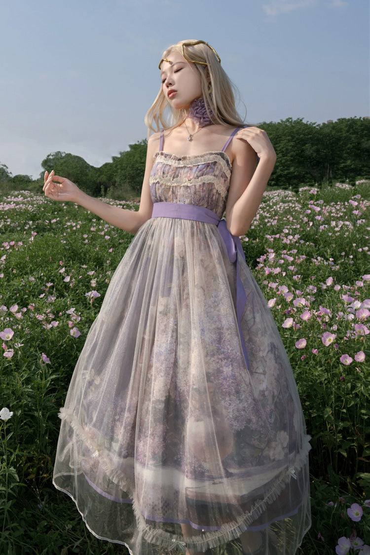 Violet Shaded Blossoms Oil Painting Sleeveless Printed Ruffled Bow Lace JSK
