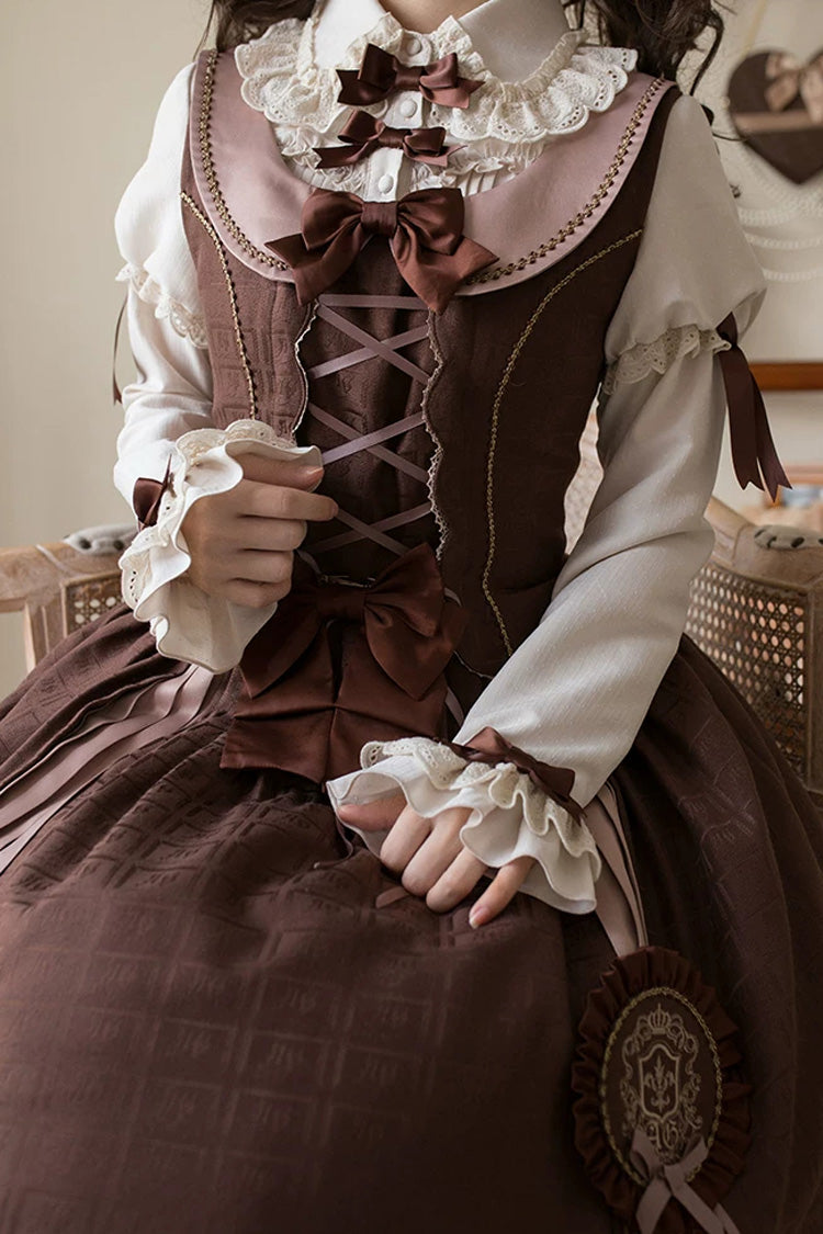 Brown Printed Embroidered Bow Lace-Up Classic JSK Dress & Skirt - Teddy Chocolate Bar