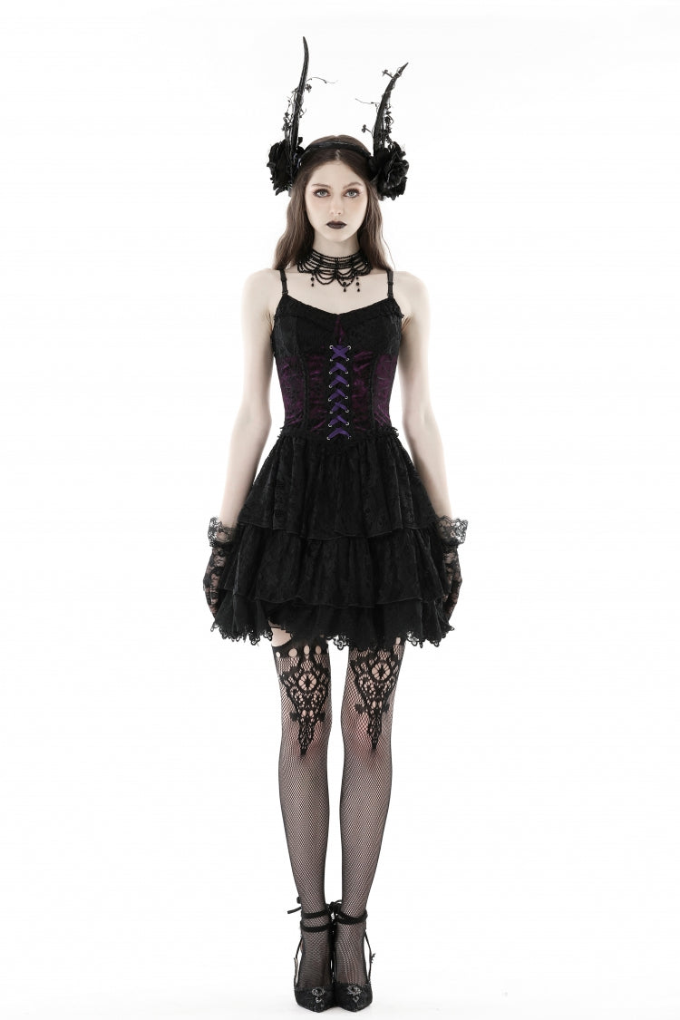Black/Purple Multi-Layer Lace Lace-Up Gothic Dress