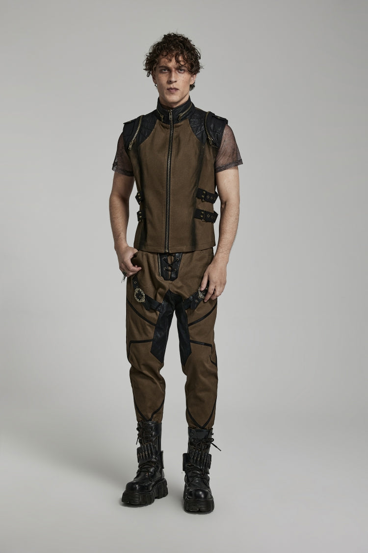 Cocoa Stand Collar Steampunk Vest with Side Webbing and Stitching