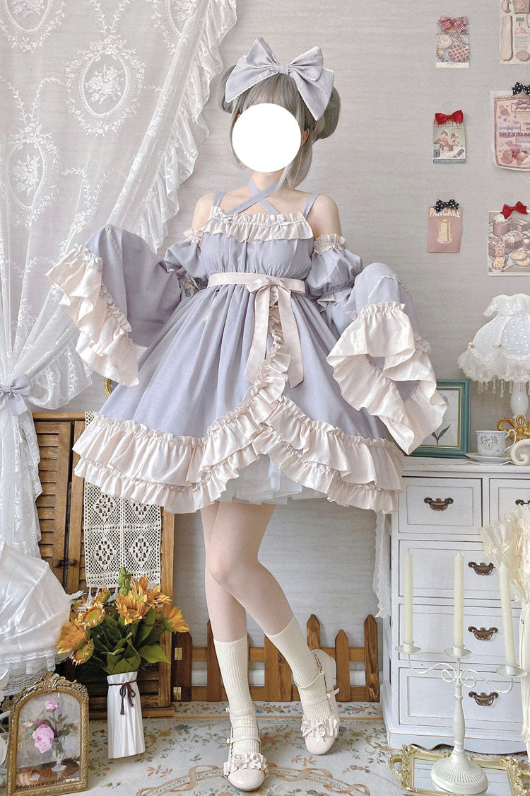 Sleeveless High Waist Ruffle Bow Asymmetric Sweet Lolita Jumper Dress - Grey