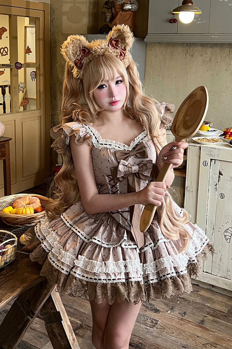 Chocolate Sleeveless Lace-Up Bow Princess JSK with Double Layers