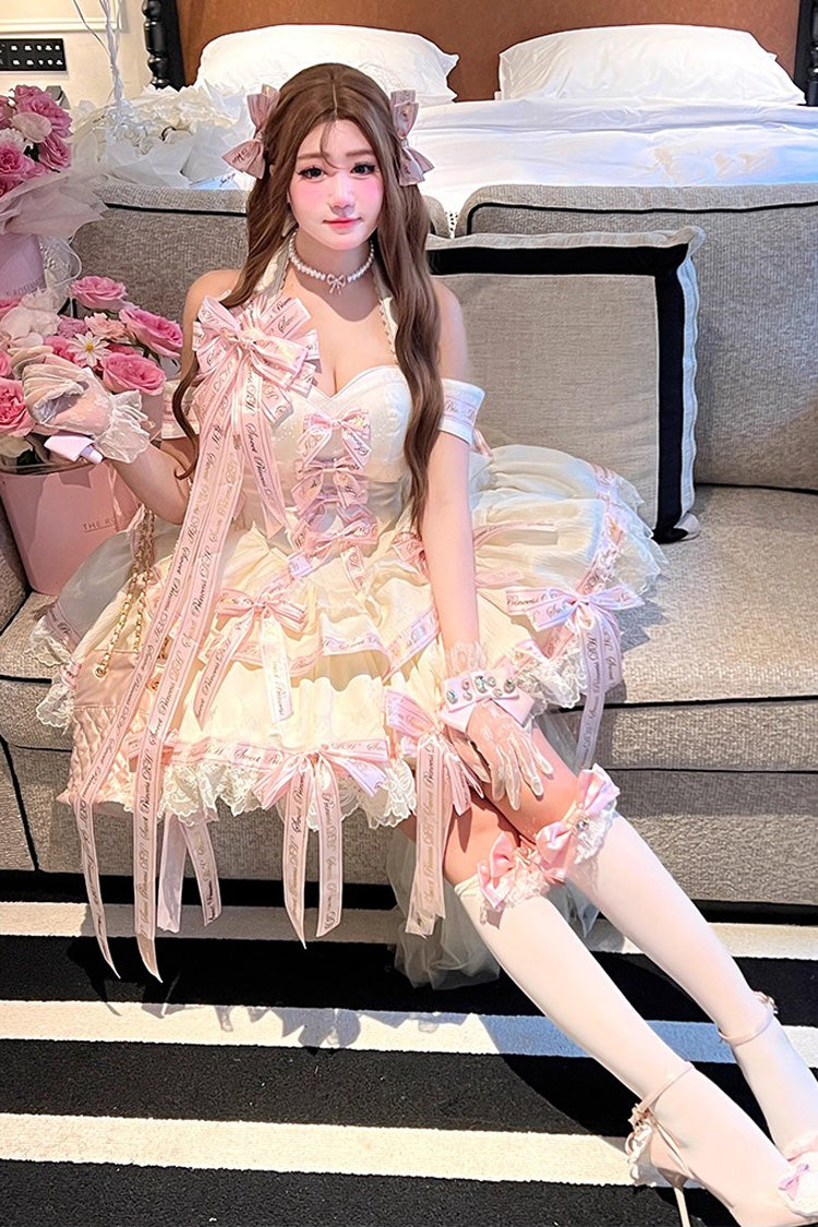 Pink Halterneck Sleeveless Multi-Layered Ruffle Bow Sweet Dress