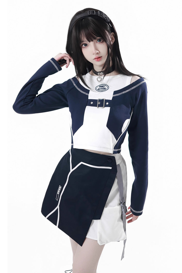 Blue/White Message Overload Techwear Long Sleeves Embroidered Asymmetric Jirai Kei Coat & Skirt Set