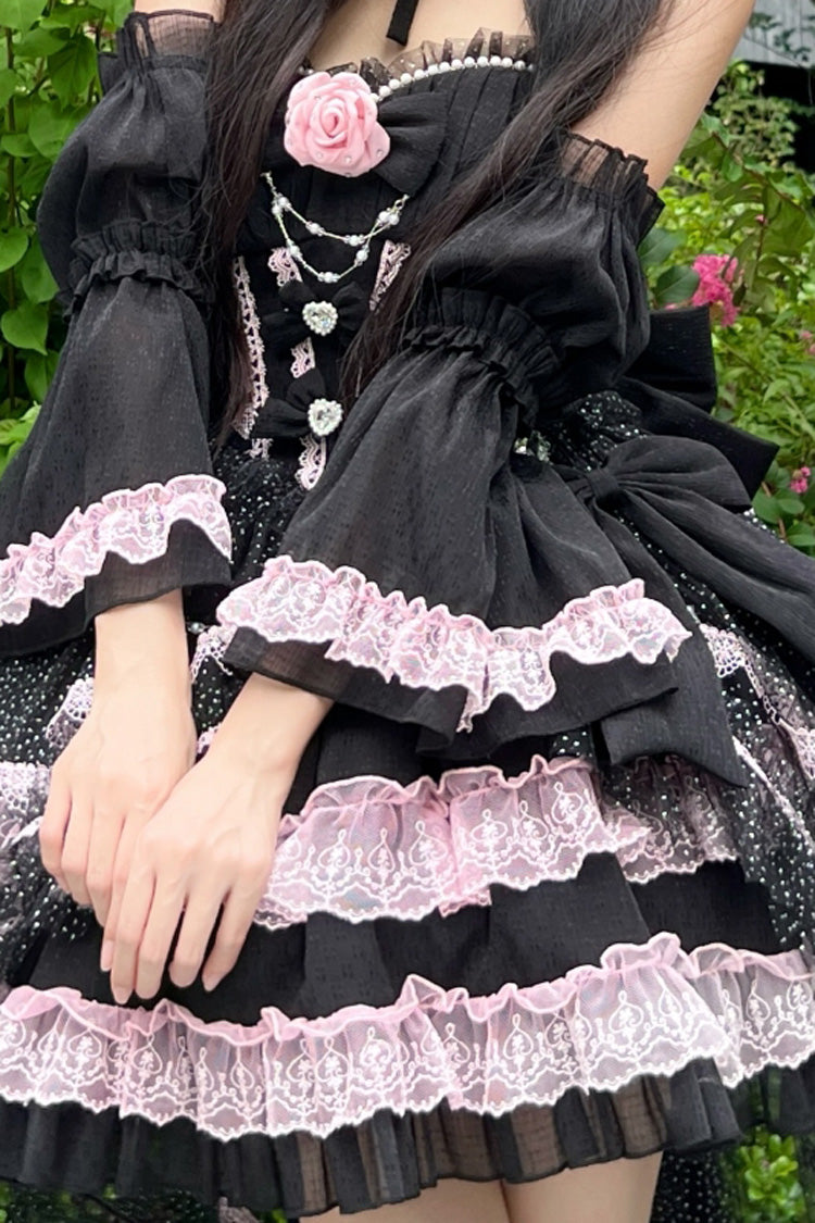 Black Pink Galaxy-Printed Tube Top Dress with Ruffles