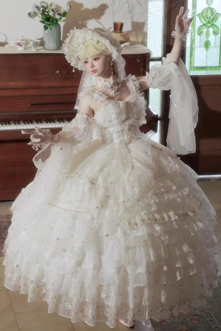 Ivory Chiffon Gown with Layered Ruffles and Bow Accents - Dreamy Waltz