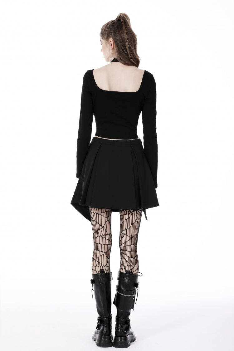 Trendy Black Eyelet Mesh Splice Long Sleeve Halter Punk Crop Top