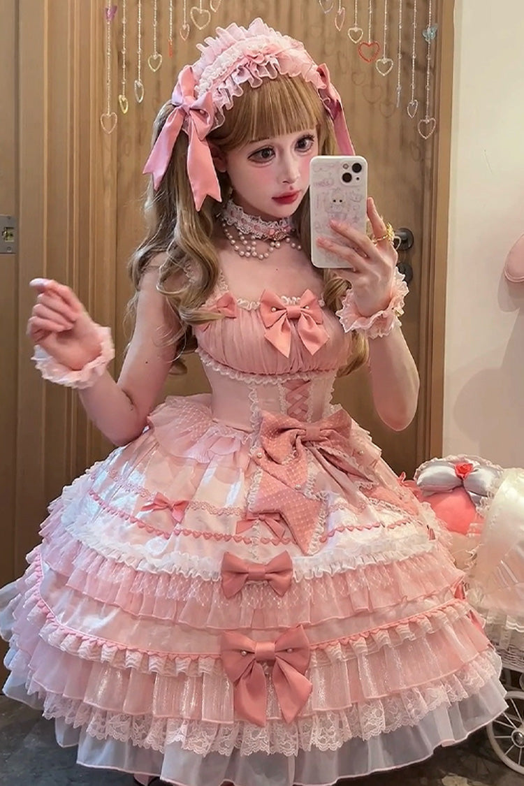 Pink Multi-Layered Ruffled Bow Lace Sweet Gorgeous JSK - Little Lovetine