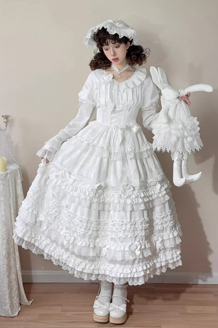 Ivory Layered Frosting Ruffle Bow Lace Sweet Dress