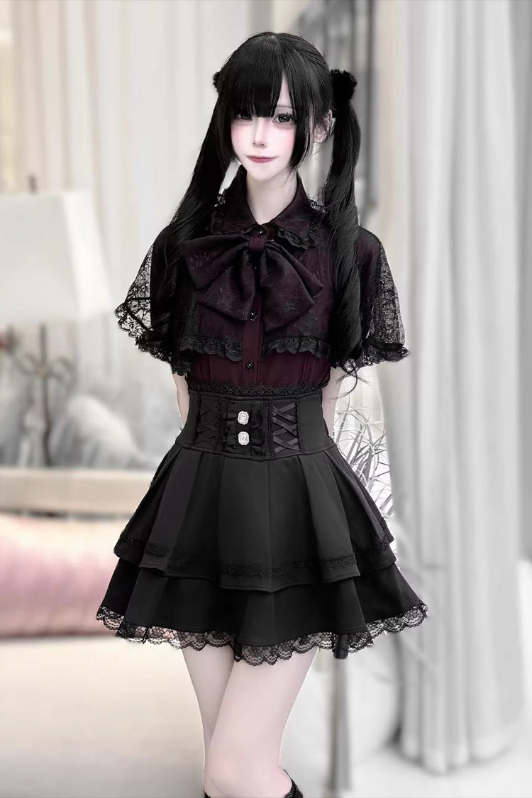 Dark Moon Shadow Double Layered Ruffled Embroidered Lace Up Gothic Lolita Set