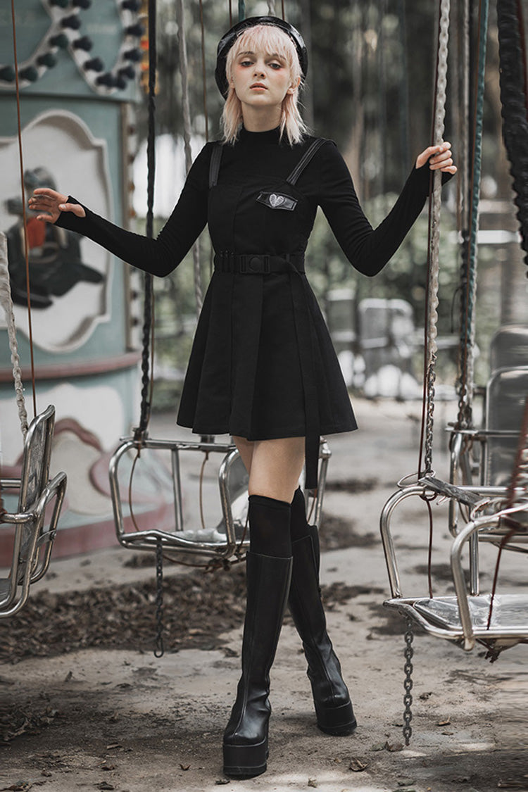 High Waist Belted PU Leather Strap Irregular Steam Punk Dress