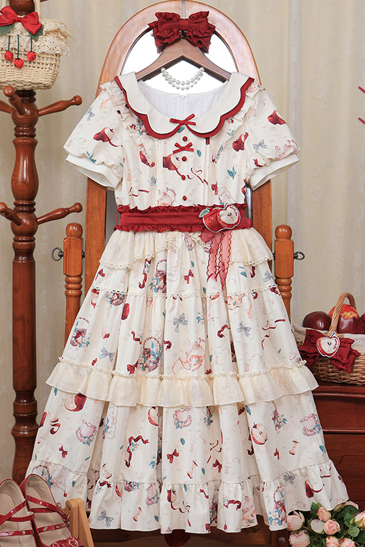 White Apple Tea Printed Country Style Sweet Lolita Dress - Short Sleeved Ruffled