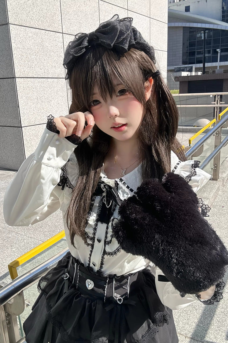 Monochrome Doll-Collar Ruffle Bow Sweet Jirai Kei Skirt Set