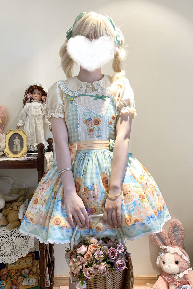 Kawaii Bears Sunflower Printed Multi-Color Bow Sweet Lolita Strap Dress - Miss Brown