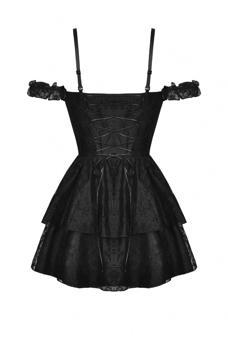 Off-Shoulder Lace-Up Floral Gothic Slip Dress in Dark Red