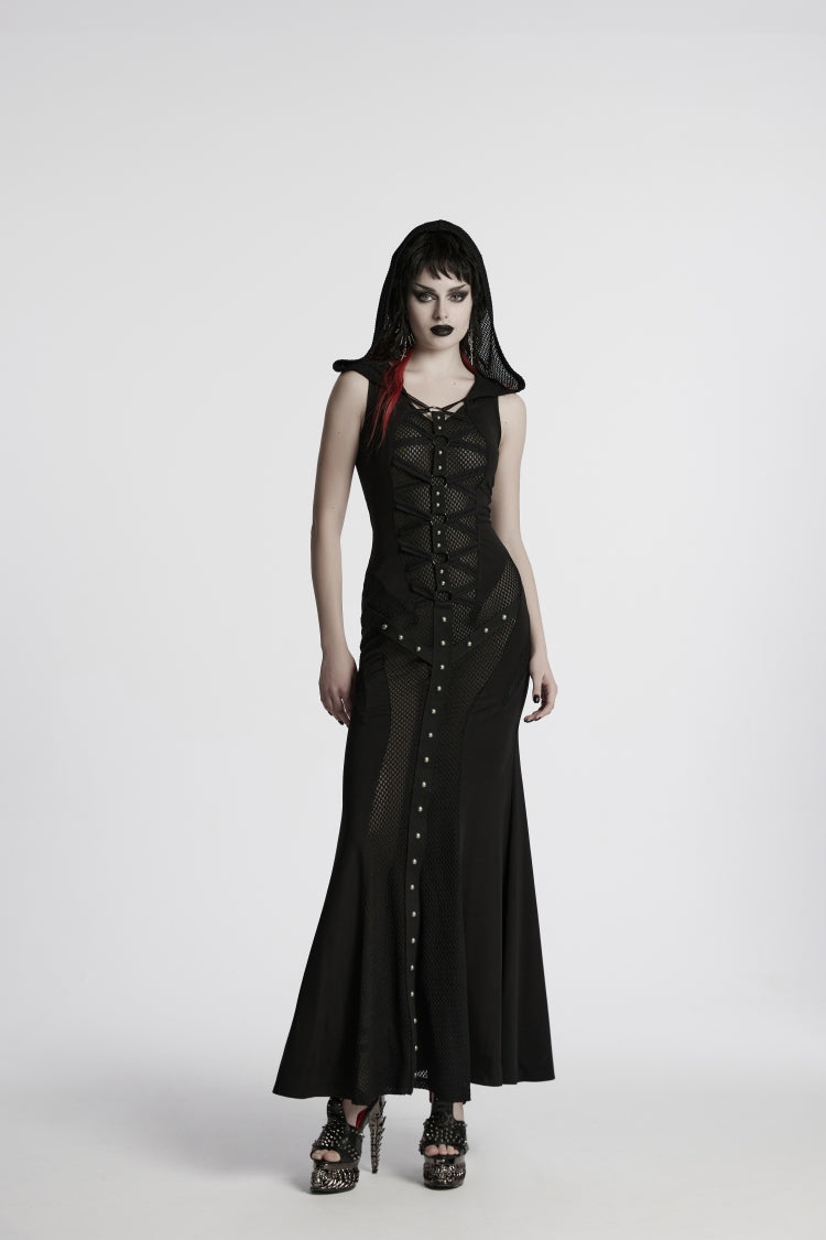 Off Shoulder Sleeveless Spliced Lace-Up Slim Mesh Studded Eyelet Punk Dress