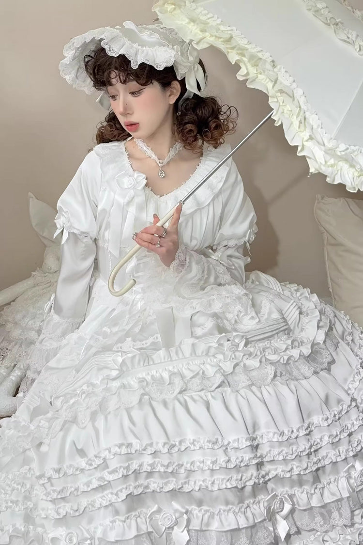 Ivory Layered Frosting Ruffle Bow Lace Sweet Dress