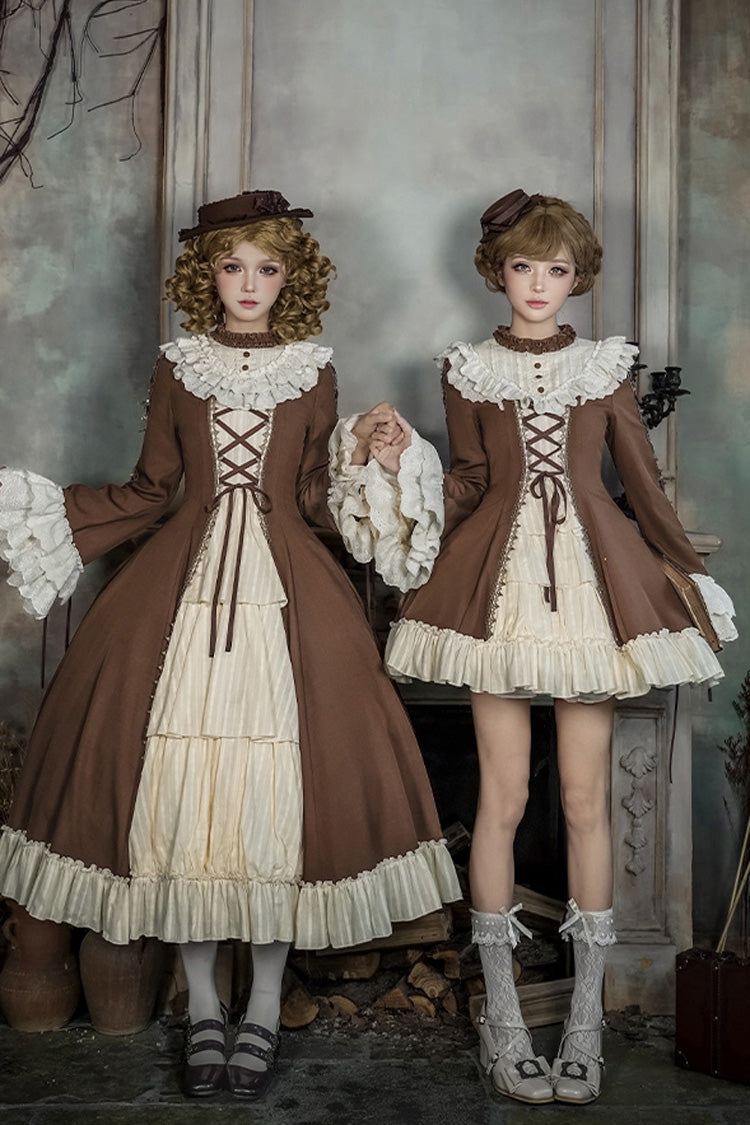Brown Beige Nutcracker Stand Collar Long Trumpet Sleeves Ruffle Cardigan Lace-Up Sweet Lolita Dress Set