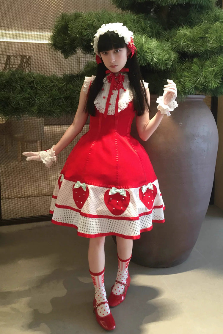 Sweet Lolita Dress with Stand Collar and Bow - Miss Peculiar Strawberry, 2 Shades