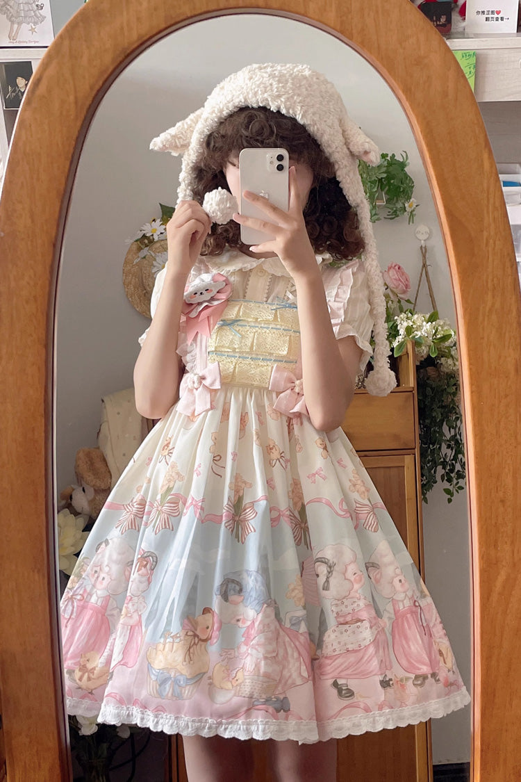 Blue/Pink Sheep Waltz Printed Ruffled Bow Lace Sweet Lolita JSK Dress - Miss Brown