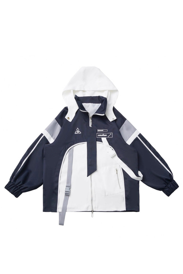 Blue/White Message Overload Techwear Long Sleeves Embroidered Asymmetric Jirai Kei Coat & Skirt Set