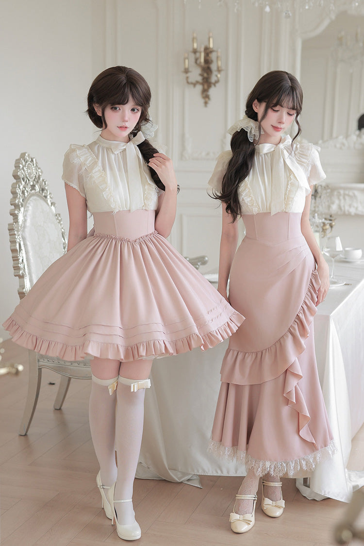 Blush & White Round Collar Short-Sleeve Ruffled Bow Lace Color-Blocked Boned Sweet Lolita Dress