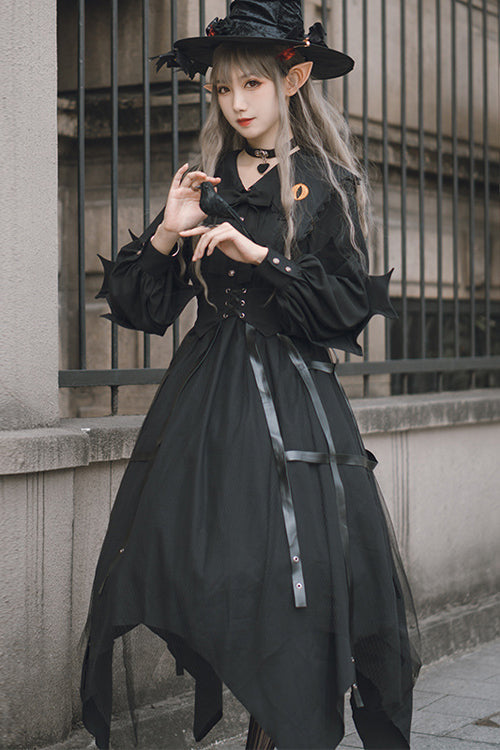Ebony Gothic OP Dress - Lapel Collar Cat Eye Hem