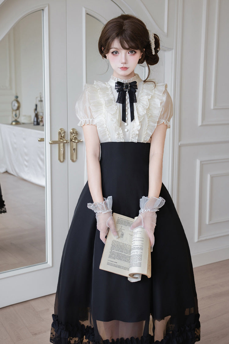 Miss Lola Snow Kiss Stand Collar Short Puff Sleeves Ruffled Color-Blocked Faux Two-Piece Sweet Lolita Long Dress 3 Colors - Black