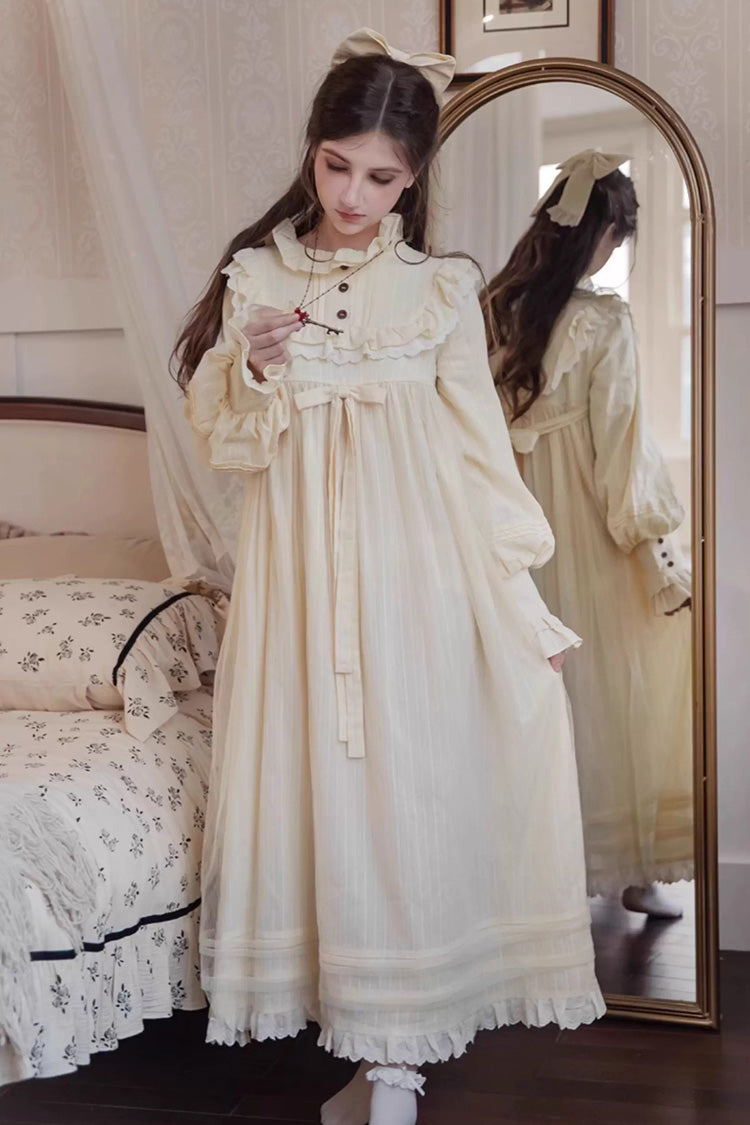 Ivory Sweet Nightgown with Ruffled Bow and Long Sleeves