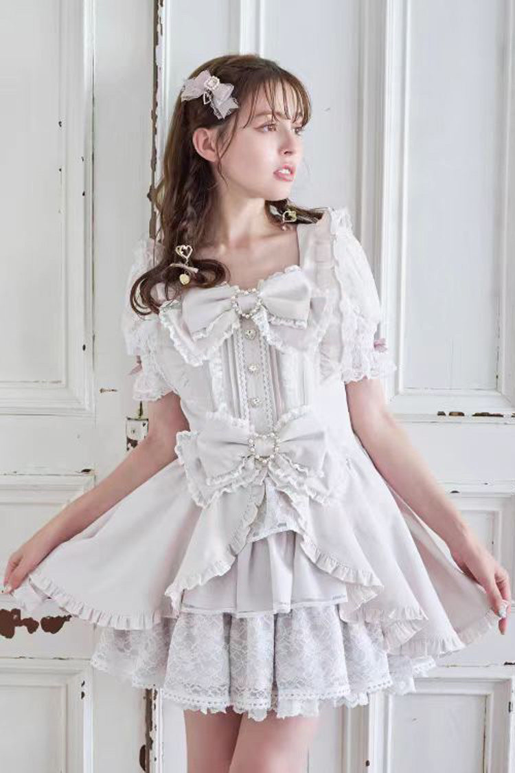 Cute Square-Neck Bow-Trimmed Short-Sleeve Lace Dress Set in Three Colors