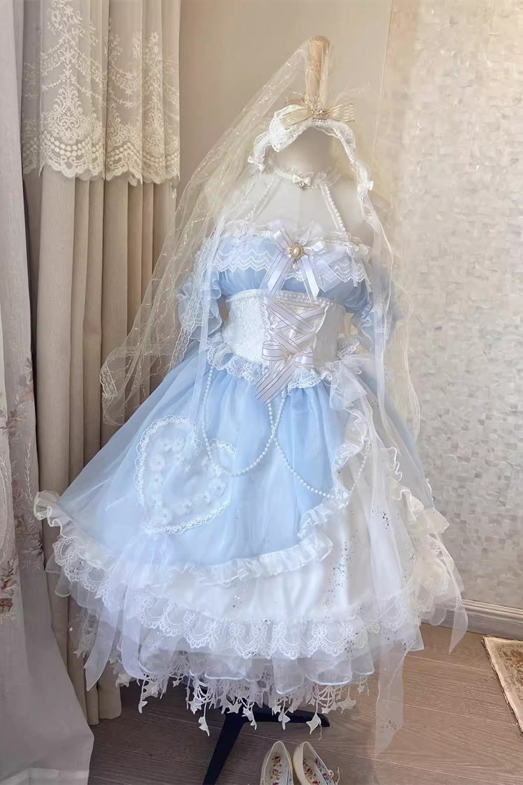 Blue/White The Little Mermaid Off-Shoulder Halter Neck Ribbon Mesh Elegant Princess Lolita Gown
