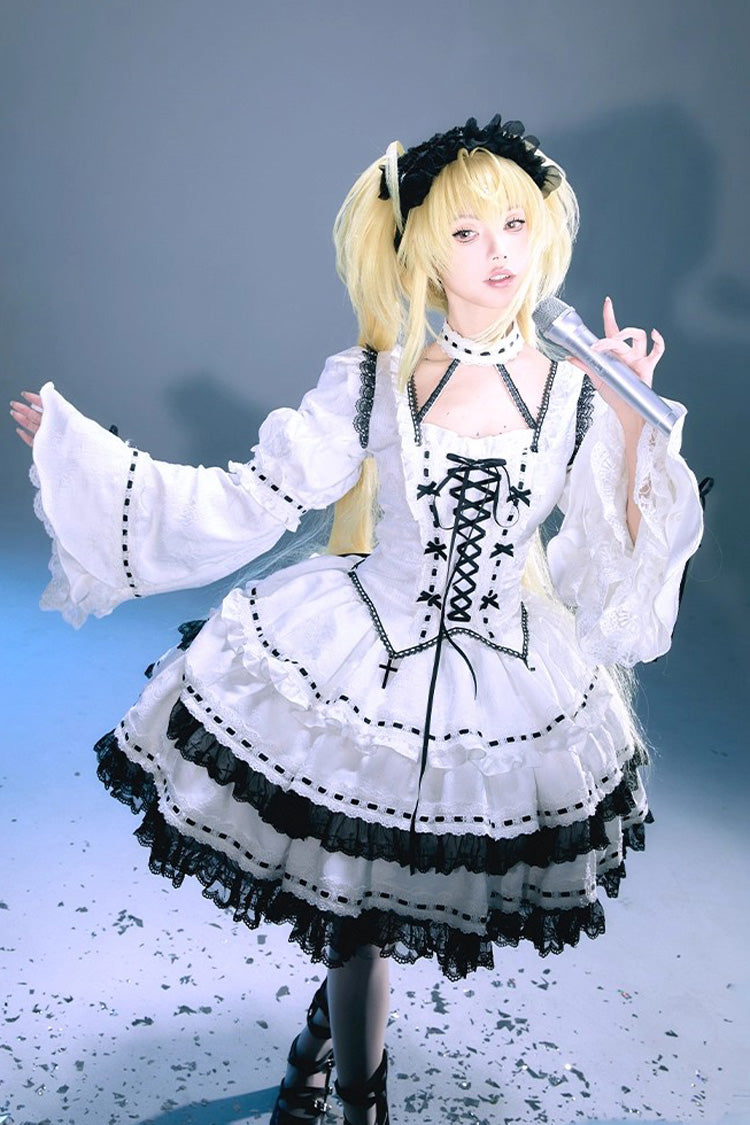 White Long Trumpet Sleeve Double-Layered Ruffled Bow Lace-Up Gothic Skirt Set