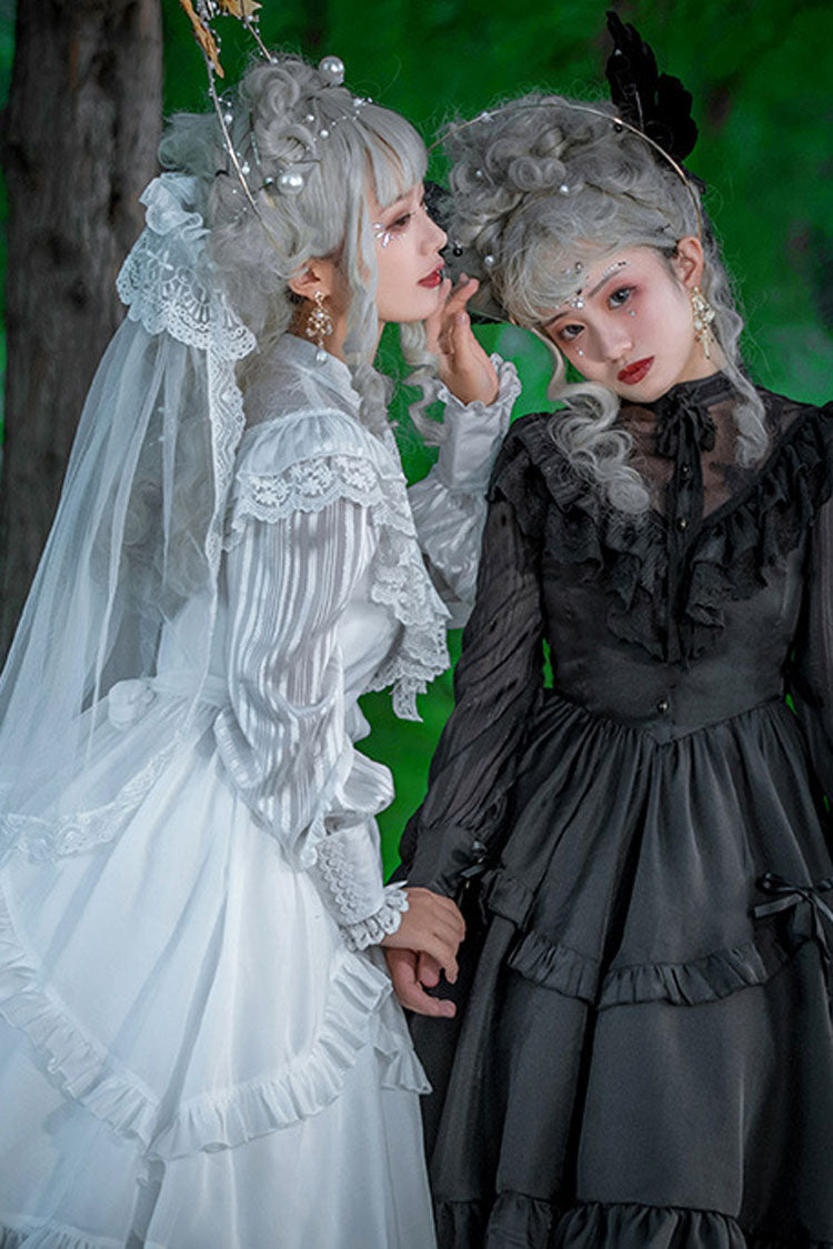 Black Hollow V Neck Gothic Lolita Dress Long Sleeves Bowknot Ruffled - Altfashion Shop