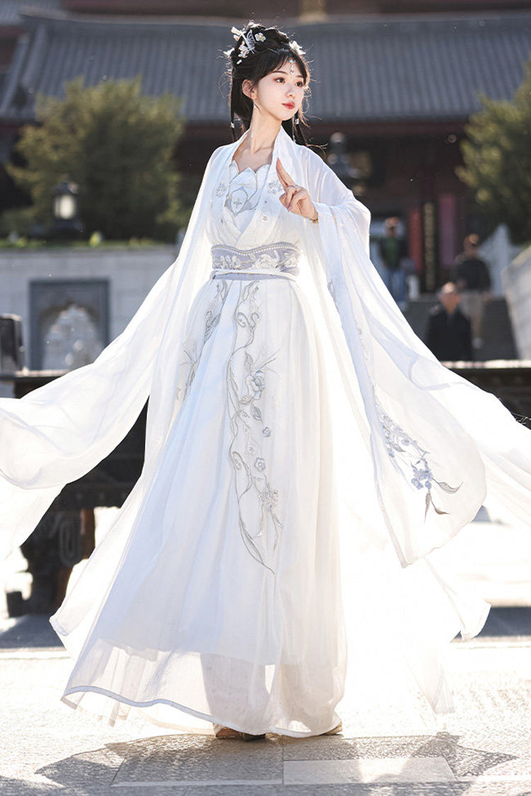 Ivory High Waisted Embroidered Hanfu Dress Set - Silver Moon