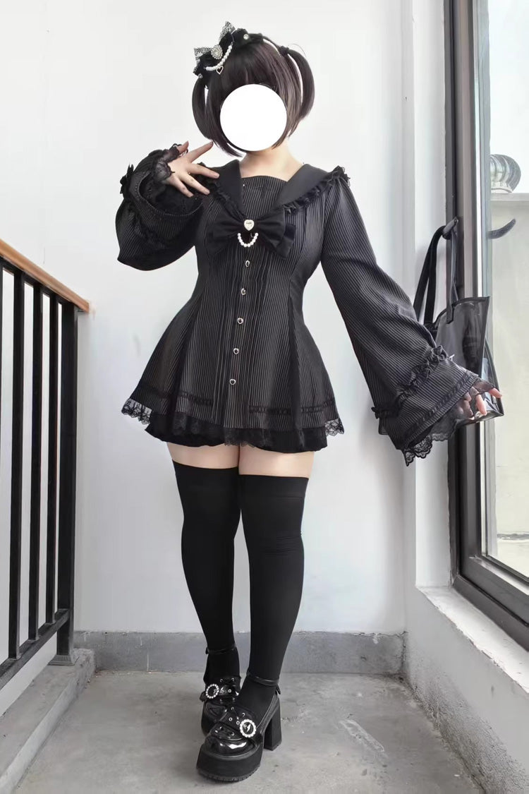 Sweet Square-Collar Bow Lace Pearl Jirai Kei Dress & Short Set