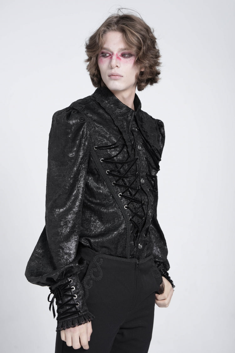 Jet-Black Gothic Blouse with Puffed Sleeves and Jacquard Lace for Men