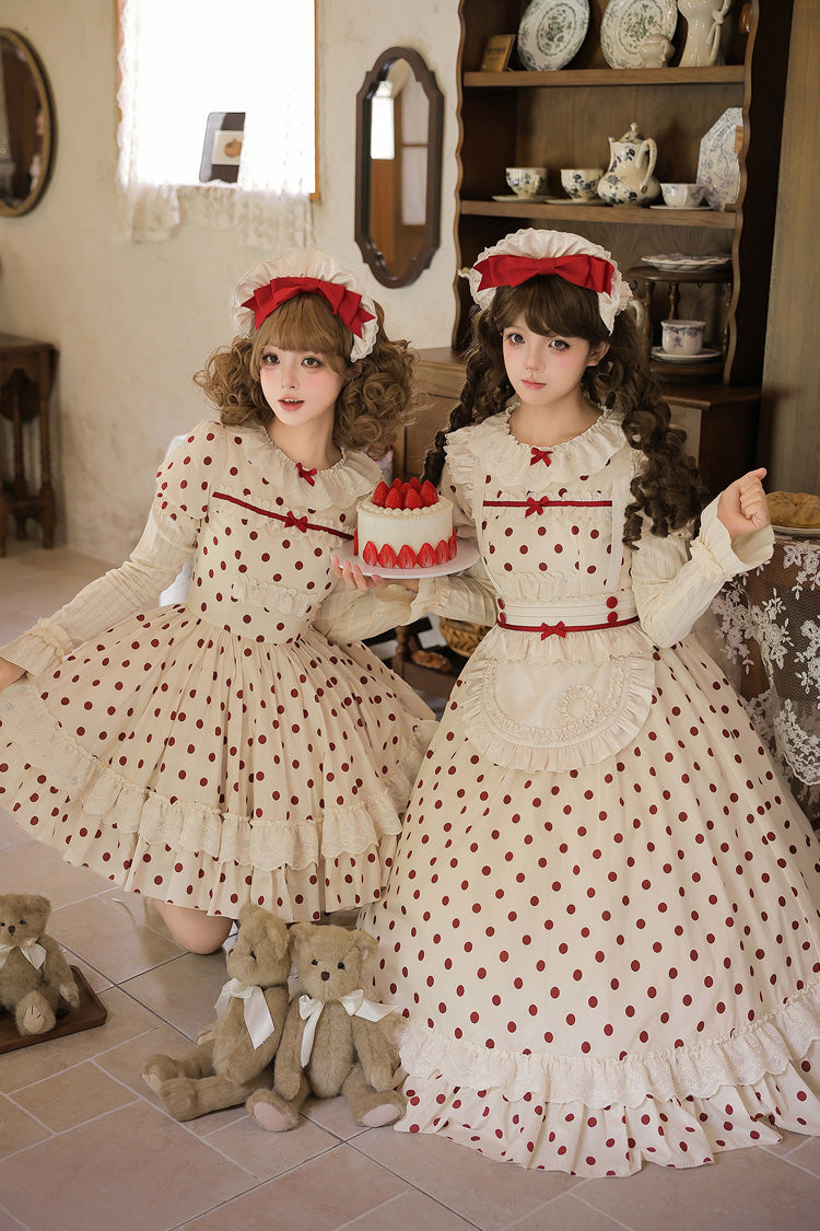 Apricot Sweet Elegant Lolita Dress with Cotton Round Collar Long Lantern Sleeves Polka Dot Print Ruffled Bow Lace