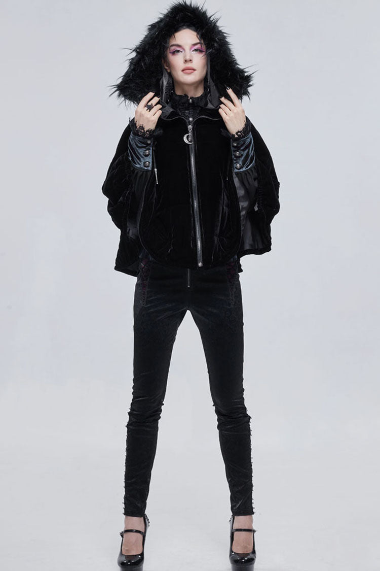 Gothic Velvet Shawl with Crescent Pendant, Zipper, Short Warm Cut