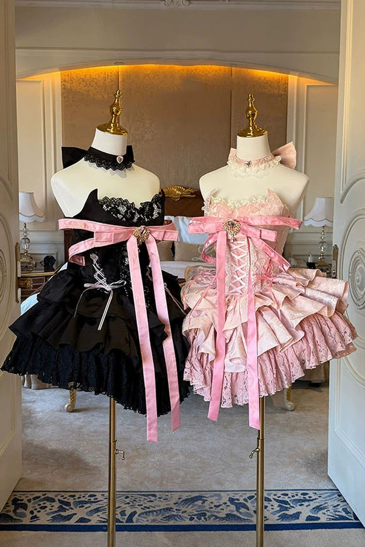 Princess Ballet Gothic Lolita JSK Dress with Ruffled Bow and Lace-Up - Black