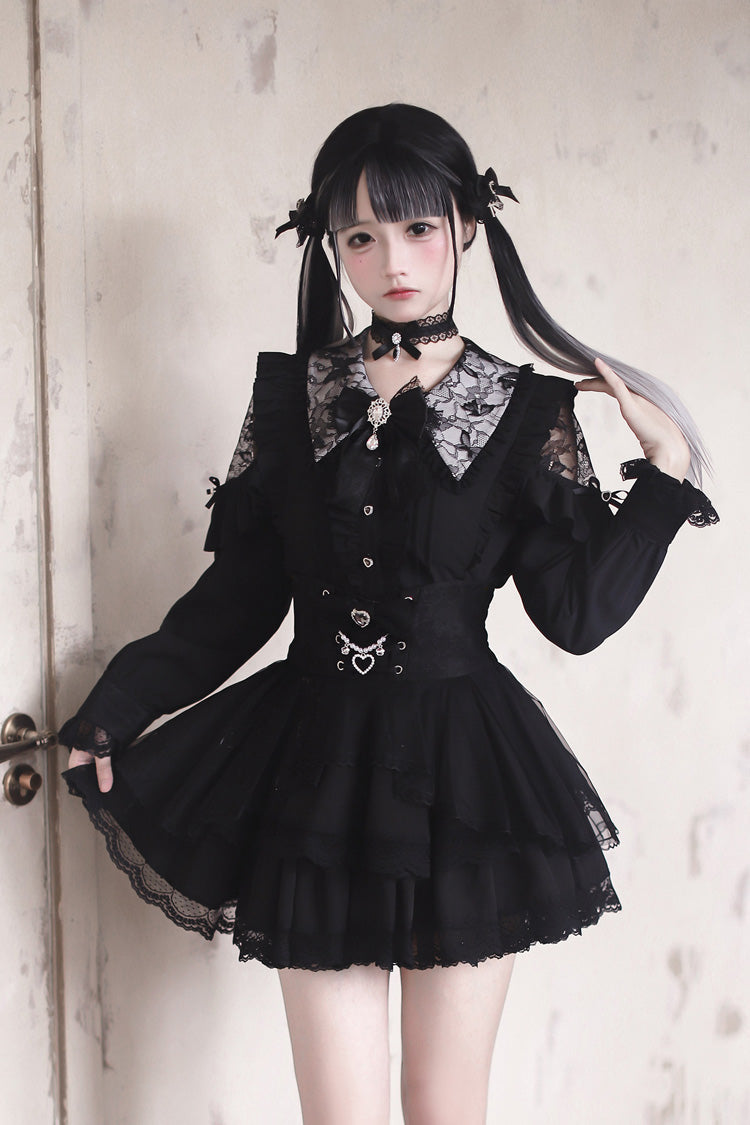 Midnight Lapel Long-Sleeve Layered Ruffled Skirt Set - Dreamy Love Ballad