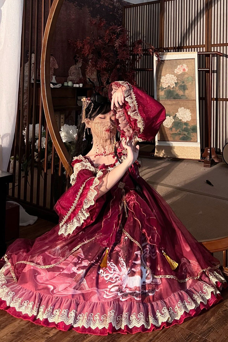 Classic Chinese Princess JSK Dress with Fox Print and Ruffled Bow - Nine-tailed Fox, 2 Tones