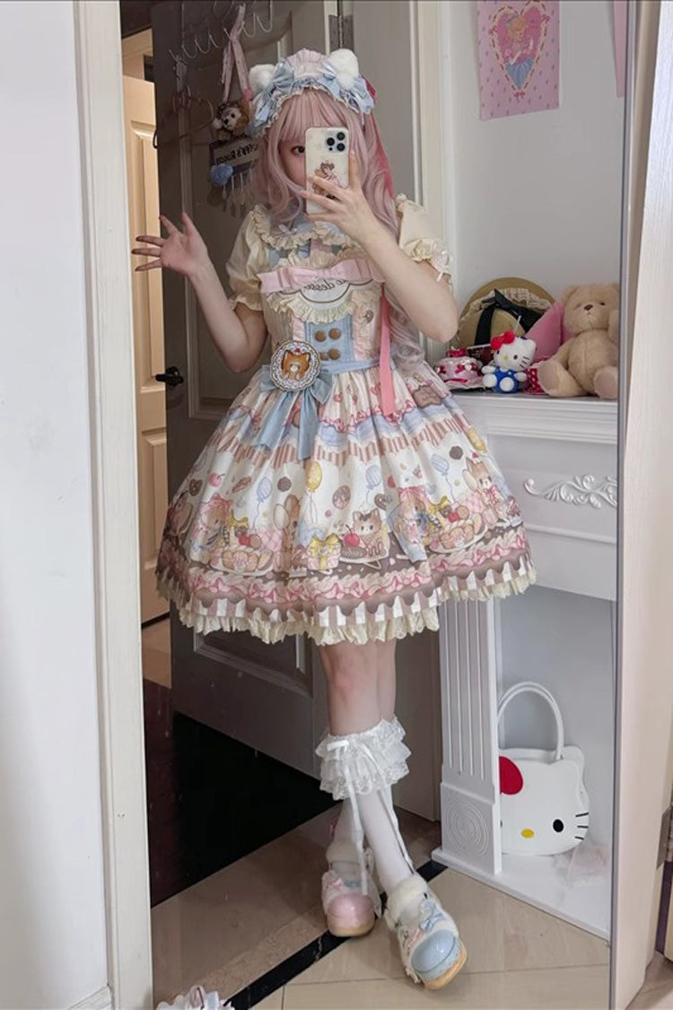 Sleeveless Print Ruffle Bow Lace Sweet Japanese Lolita Strap Dress - Multi Color