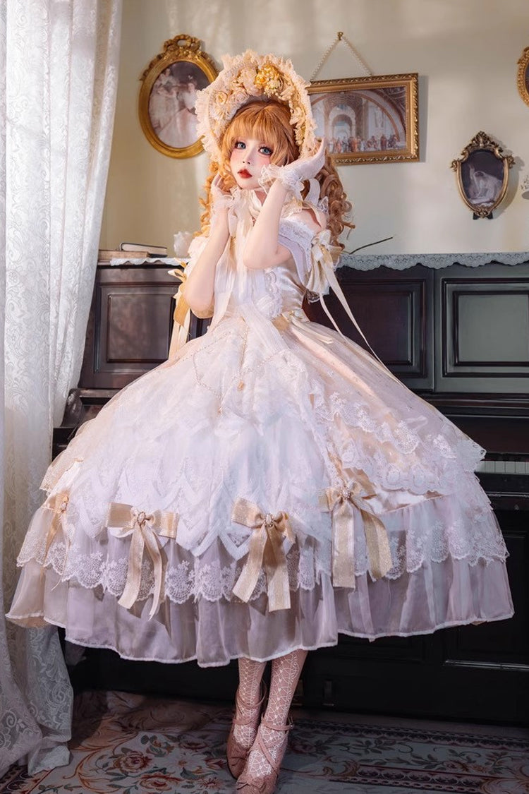 Glazed Phantom Off Shoulder Ruffle Hanayome Bow Lace Elegant Lolita Dress in Yellow