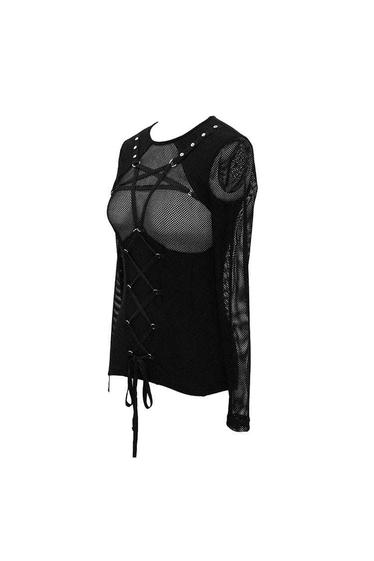 Punk T-Shirt with Pentagram Lace-Up Mesh Chest Perspective