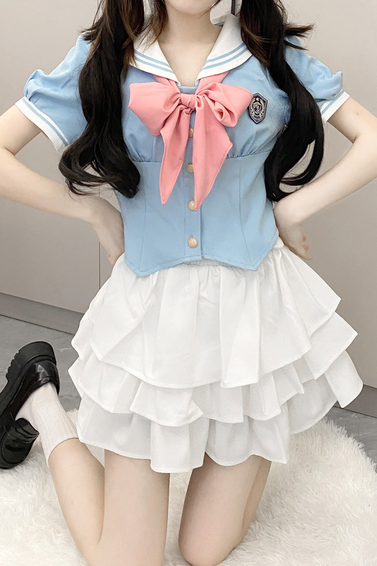 Sweet College Style Skirt Set with Ruffle Bowknot