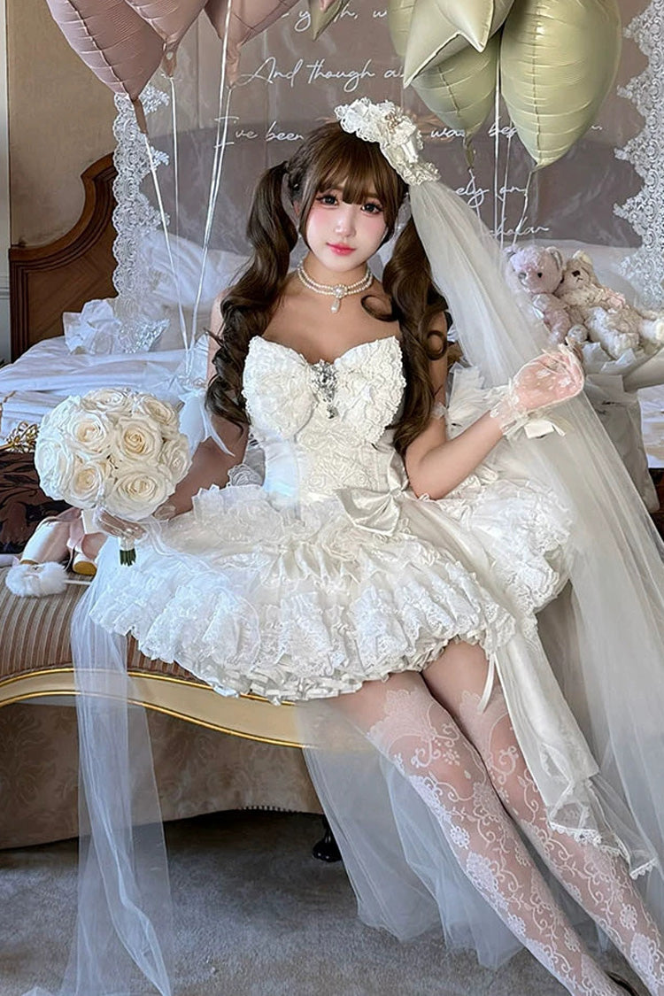 Ivory Sleeveless Layered Lace JSK Dress with Bow Details - White Feather Promise