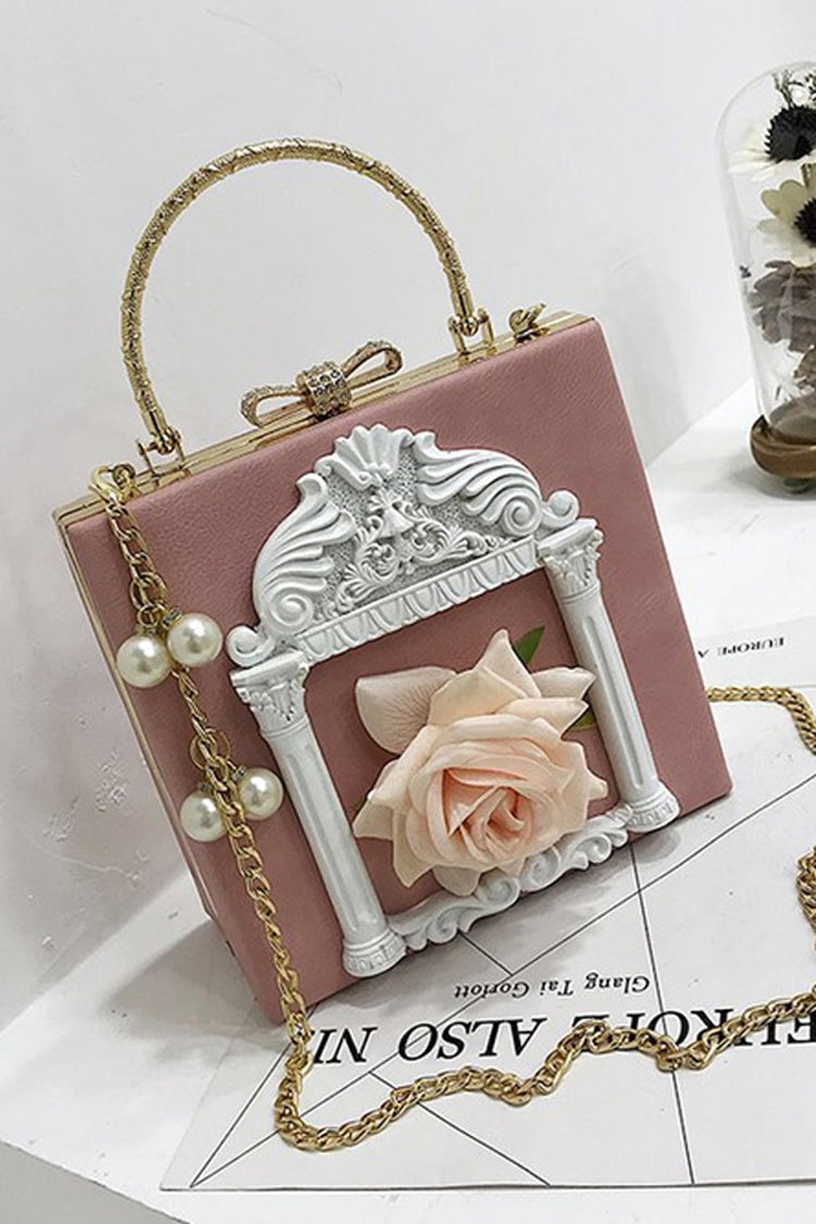 Vintage Gothic Shoulder Bag with Pearl Chain and Rose Motif