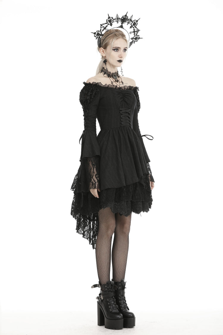 Black Off-Shoulder Trumpet Puff Sleeve Lace-Up Mesh Gothic Cocktail Dress